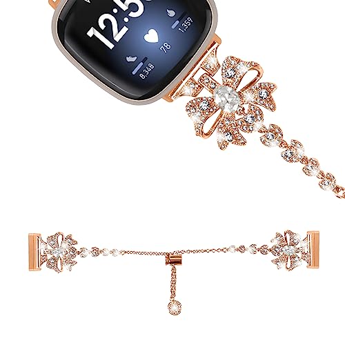 Metal Bands Compatible with Fitbit Versa 4 Smart Watch Band for Women,Blingbling Rhinestones Strap Replacement Butterfly-shaped Bracelet for Versa 4 Accessories (Rose gold)