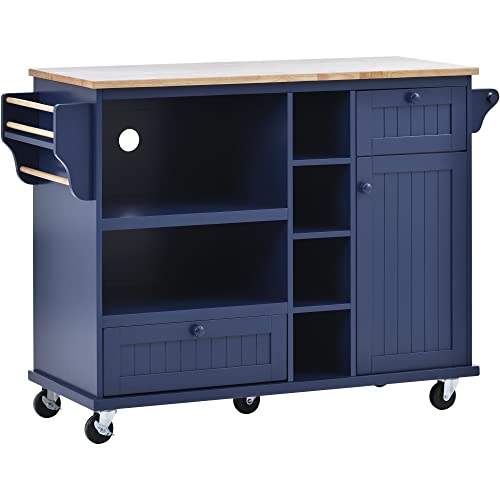 Olela Kitchen Island Cart with Storage, Mobile Rolling Kitchen Table Microwave Rack Cart on Wheels with Open Shelves, Drawers and Cabinet, 18.1 "D X 50.8 "W X 36.2 "H(Open Shelf-Blue)