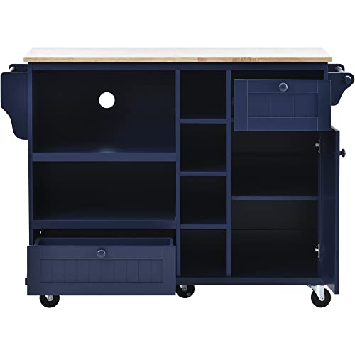 Olela Kitchen Island Cart with Storage, Mobile Rolling Kitchen Table Microwave Rack Cart on Wheels with Open Shelves, Drawers and Cabinet, 18.1 "D X 50.8 "W X 36.2 "H(Open Shelf-Blue)