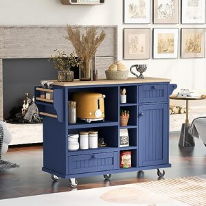 Olela Kitchen Island Cart with Storage, Mobile Rolling Kitchen Table Microwave Rack Cart on Wheels with Open Shelves, Drawers and Cabinet, 18.1 "D X 50.8 "W X 36.2 "H(Open Shelf-Blue)