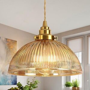 qianzhan glass pendant light, 9.8" gold brushed pendant lighting fixtures with amber glass shade, modern dome hanging lights for kitchen island dining room hallway bedroom
