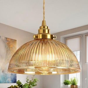 QianZhan Glass Pendant Light, 9.8" Gold Brushed Pendant Lighting Fixtures with Amber Glass Shade, Modern Dome Hanging Lights for Kitchen Island Dining Room Hallway Bedroom