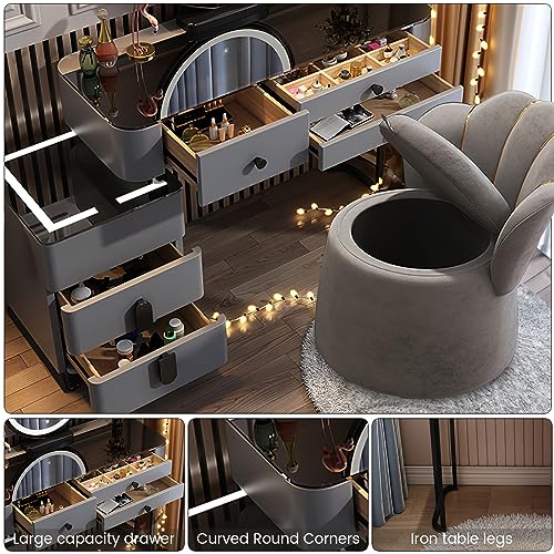 Winfree Smart Makeup Desk,Multifunction Vanity Table Set with 5 Drawers, LED Light Makeup Mirror and Storage Chair, Vanity Set with Adjustable Lighted Mirror for Girls(Noble Gray) (47.2in)