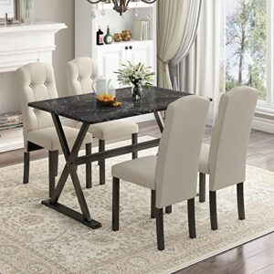 emkk 5-piece dining table set with faux marble tabletop and upholstered chairs for 4, solid wood kitchen tableset,home,hotel or bar, black+beige