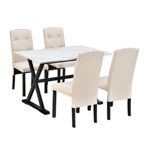 EMKK 5-Piece Dining Table Set with Faux Marble Tabletop and Upholstered Chairs for 4, Solid Wood Kitchen TableSet,Home,Hotel or Bar, White+Beige