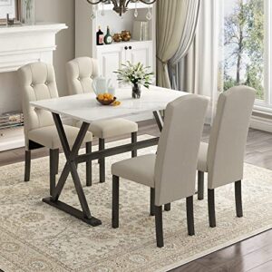 emkk 5-piece dining table set with faux marble tabletop and upholstered chairs for 4, solid wood kitchen tableset,home,hotel or bar, white+beige
