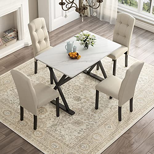 EMKK 5-Piece Dining Table Set with Faux Marble Tabletop and Upholstered Chairs for 4, Solid Wood Kitchen TableSet,Home,Hotel or Bar, White+Beige