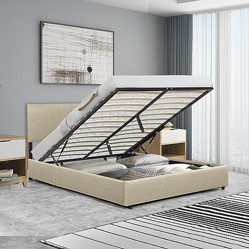 dingdongBroMetal Bed Frame, Enhanced with Thick Wooden Slats, Pneumatic Lift System, and Effortless Assembly, Ensuring a Comfortable Sleep Experience (Light Beige, Queen)