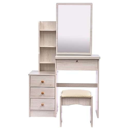 Mbolyeer Vanity Desk Set with Mirror and Stool: Makeup Table with Multi-Drawers & Storage - Vanity Dresser for Bedroom (A)