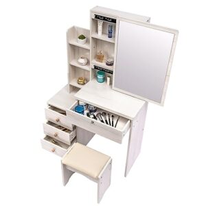 Mbolyeer Vanity Desk Set with Mirror and Stool: Makeup Table with Multi-Drawers & Storage - Vanity Dresser for Bedroom (A)