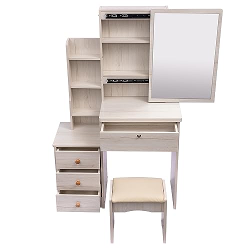 Mbolyeer Vanity Desk Set with Mirror and Stool: Makeup Table with Multi-Drawers & Storage - Vanity Dresser for Bedroom (A)