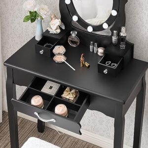 ANWBROAD Makeup Vanity Desk Vanity Set with LED Lighted Mirror Makeup Table Set 10 LED Dimmable Bulbs Cushioned Stool 3 Drawers 3 Dividers for Bedroom Makeup Jewellery Storage Set Black UBDT12B