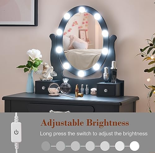 ANWBROAD Makeup Vanity Desk Vanity Set with LED Lighted Mirror Makeup Table Set 10 LED Dimmable Bulbs Cushioned Stool 3 Drawers 3 Dividers for Bedroom Makeup Jewellery Storage Set Black UBDT12B