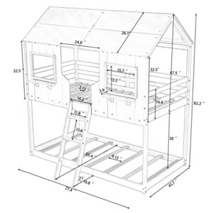 Lepfun Bunk Bed,Twin Over Twin Size Bunk Bed Wood Bed with House-Shaped Roof and Window for Bedroom,Guest Room and Dorm,Wooden Bunk Bed with Guardrail and Ladder,No Box Spring Needed,White