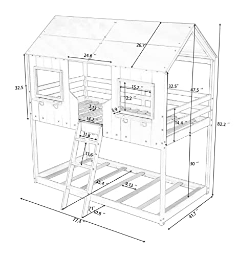 Lepfun Bunk Bed,Twin Over Twin Size Bunk Bed Wood Bed with House-Shaped Roof and Window for Bedroom,Guest Room and Dorm,Wooden Bunk Bed with Guardrail and Ladder,No Box Spring Needed,White