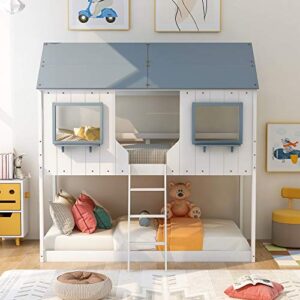 Lepfun Bunk Bed,Twin Over Twin Size Bunk Bed Wood Bed with House-Shaped Roof and Window for Bedroom,Guest Room and Dorm,Wooden Bunk Bed with Guardrail and Ladder,No Box Spring Needed,White