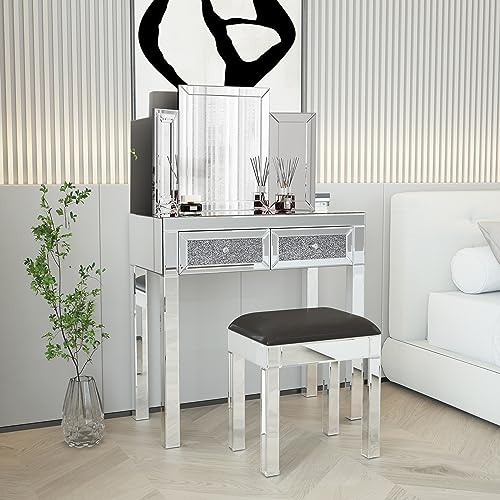 AUWHALEUS Mirrored Vanity Table Set, Crystal Diamond Decor Glass Makeup Table with PU Leather Cushion Stool & Tri-Fold Mirror for Bedroom (Vanity Table 3 Piece Set)