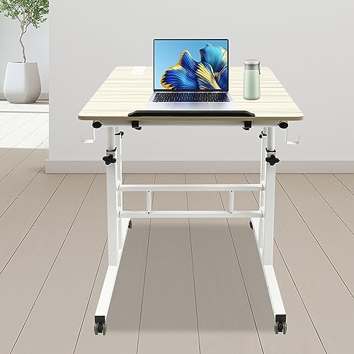 LOHISHILO Mobile Stand Up Desk Adjustable Laptop Desk with Wheels Storage Rolling Table Cart for Standing or Sitting, for Home Office Workstation, Oak, 27.5-45.3in