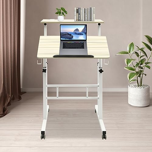 LOHISHILO Mobile Stand Up Desk Adjustable Laptop Desk with Wheels Storage Rolling Table Cart for Standing or Sitting, for Home Office Workstation, Oak, 27.5-45.3in