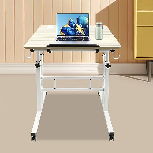 LOHISHILO Mobile Stand Up Desk Adjustable Laptop Desk with Wheels Storage Rolling Table Cart for Standing or Sitting, for Home Office Workstation, Oak, 27.5-45.3in