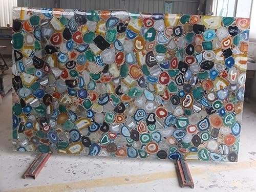 rkhandicrafts 36 x 72 Inches Epoxy Art with Multicolor Agate Stone Dining Table Rectangle Shape Mable Counter Top Slab for Hotel Decor