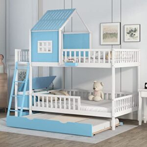 lepfun bunk bed,full over full size bunk bed with twin size trundle bed, farmhouse bed with storage box and a big drawer for kidroom,bedroom and dorm,noise free,no box spring needed,blue
