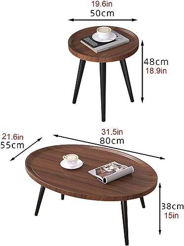 Nesting Coffee Table Oval,Wood Creative Sofa Side End Tables, Coffee Tables/Nightstand Set of 2,Black Metal Legs with Adjustable Foot Pad,for Living Room Bedroom Balcony (Color : Light Brown)