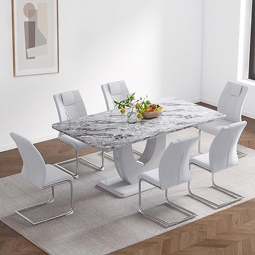 Tatub 70.87" Modern Dining Table Set for 6-8, Faux Marble Dining Table with 6 PU Leather Chairs, Rectangular Dining Room Table with Grey Marble Tabletop for Dining Room, Kitchen, Living Room