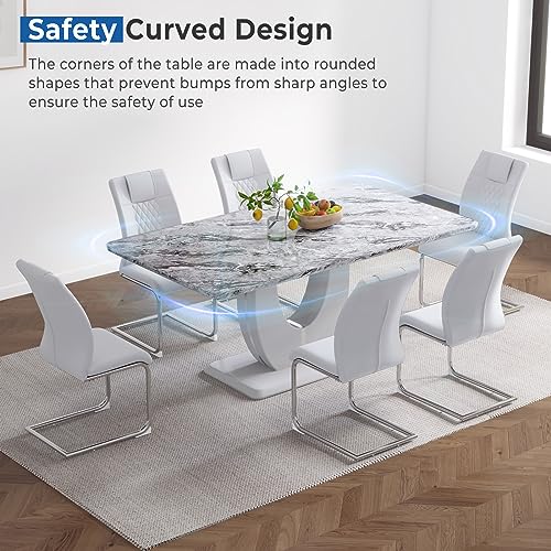 Tatub 70.87" Modern Dining Table Set for 6-8, Faux Marble Dining Table with 6 PU Leather Chairs, Rectangular Dining Room Table with Grey Marble Tabletop for Dining Room, Kitchen, Living Room