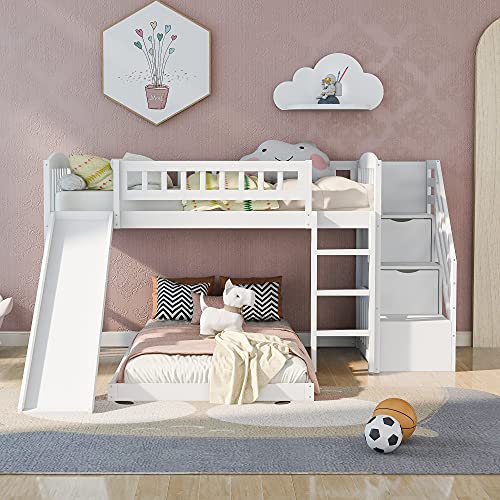 DEYOBED Twin Over Twin Wooden Bunk Bed with Slide and Storage Drawers for Kids Teens