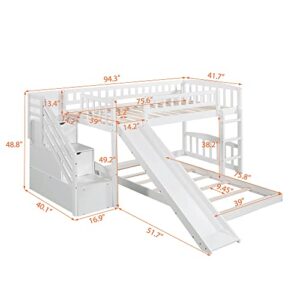 DEYOBED Twin Over Twin Wooden Bunk Bed with Slide and Storage Drawers for Kids Teens