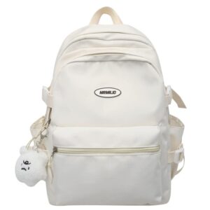 iecshdu kawaii aesthetic laptop backpack large capacity casual daypack cute plush pendant simple design laptop bag supplies (beige/white)
