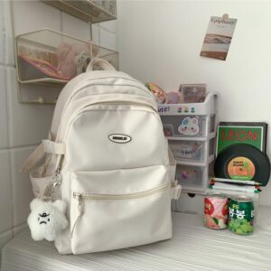 IECSHDU Kawaii Aesthetic Laptop Backpack Large Capacity Casual Daypack Cute Plush Pendant Simple Design Laptop Bag Supplies (Beige/White)