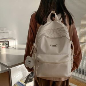 IECSHDU Kawaii Aesthetic Laptop Backpack Large Capacity Casual Daypack Cute Plush Pendant Simple Design Laptop Bag Supplies (Beige/White)