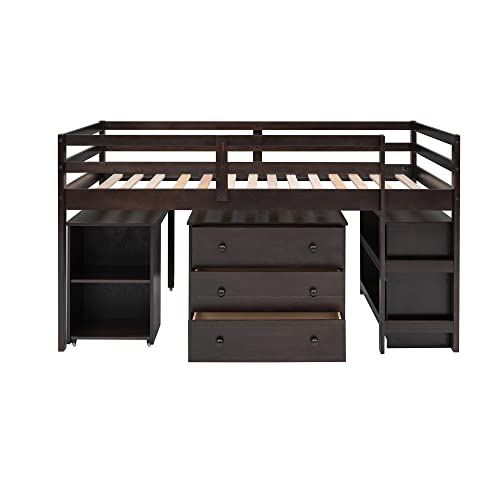 DEYOBED Twin Size Wooden Loft Bed Frame with Cabinet, Rolling Portable Desk and Storage Shelves for Kids Teens