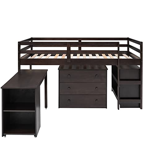 DEYOBED Twin Size Wooden Loft Bed Frame with Cabinet, Rolling Portable Desk and Storage Shelves for Kids Teens