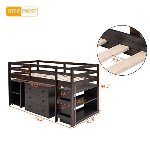 DEYOBED Twin Size Wooden Loft Bed Frame with Cabinet, Rolling Portable Desk and Storage Shelves for Kids Teens