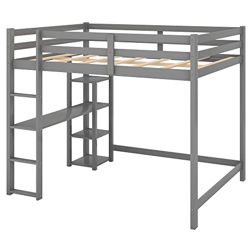 DEYOBED Full Size Wooden Loft Bed Frame with Built-in Desk Shelves for Kids Teens Adults