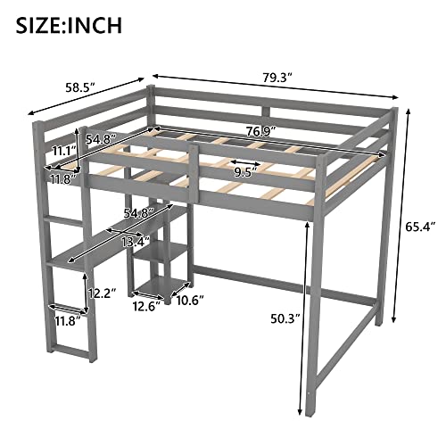 DEYOBED Full Size Wooden Loft Bed Frame with Built-in Desk Shelves for Kids Teens Adults