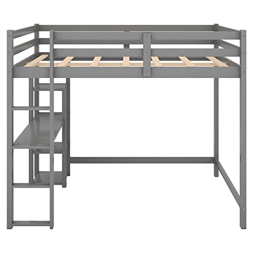 DEYOBED Full Size Wooden Loft Bed Frame with Built-in Desk Shelves for Kids Teens Adults