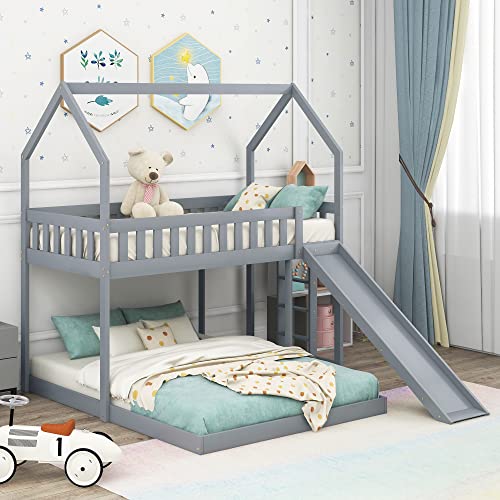 DEYOBED Twin Over Full Wooden Bunk Bed with Slide for Kids Teens