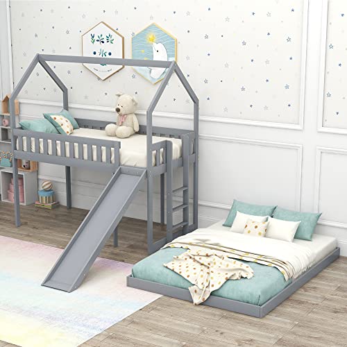 DEYOBED Twin Over Full Wooden Bunk Bed with Slide for Kids Teens