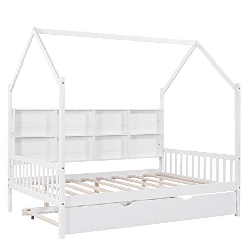 BIADNBZ Full Size House Platform Bed with Trundle and Storage Shelf, Wooden DayBed Frame w/Wood Slats Support for Kids Teens Bedroom, No Box Spring Needed,White