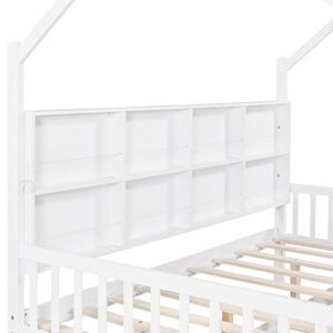 BIADNBZ Full Size House Platform Bed with Trundle and Storage Shelf, Wooden DayBed Frame w/Wood Slats Support for Kids Teens Bedroom, No Box Spring Needed,White