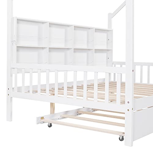 BIADNBZ Full Size House Platform Bed with Trundle and Storage Shelf, Wooden DayBed Frame w/Wood Slats Support for Kids Teens Bedroom, No Box Spring Needed,White