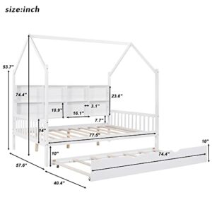 BIADNBZ Full Size House Platform Bed with Trundle and Storage Shelf, Wooden DayBed Frame w/Wood Slats Support for Kids Teens Bedroom, No Box Spring Needed,White