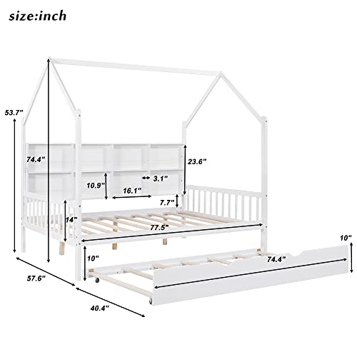 BIADNBZ Full Size House Platform Bed with Trundle and Storage Shelf, Wooden DayBed Frame w/Wood Slats Support for Kids Teens Bedroom, No Box Spring Needed,White