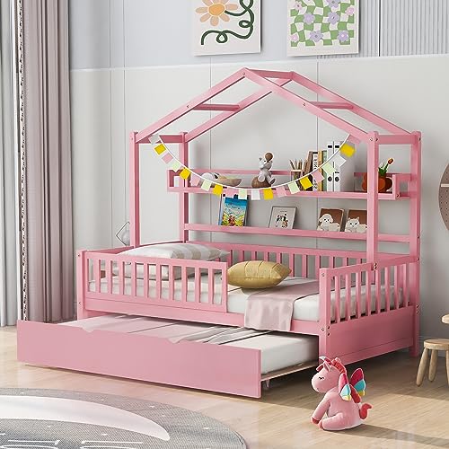 BIADNBZ Twin Size House Bed with Trundle and Storage Shelves, Wooden Kids Montessori Bed Playhouse w/Roof & Fence Rails, Tent Platform Bedframe for Girls Boys Teens,Pink