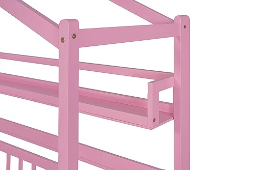 BIADNBZ Twin Size House Bed with Trundle and Storage Shelves, Wooden Kids Montessori Bed Playhouse w/Roof & Fence Rails, Tent Platform Bedframe for Girls Boys Teens,Pink