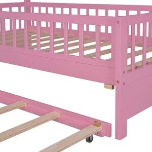 BIADNBZ Twin Size House Bed with Trundle and Storage Shelves, Wooden Kids Montessori Bed Playhouse w/Roof & Fence Rails, Tent Platform Bedframe for Girls Boys Teens,Pink